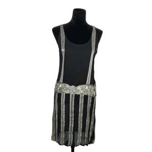 Camille Flawless Black Beaded Sequins Drop Waist Sheer Mini Slip Dress size M